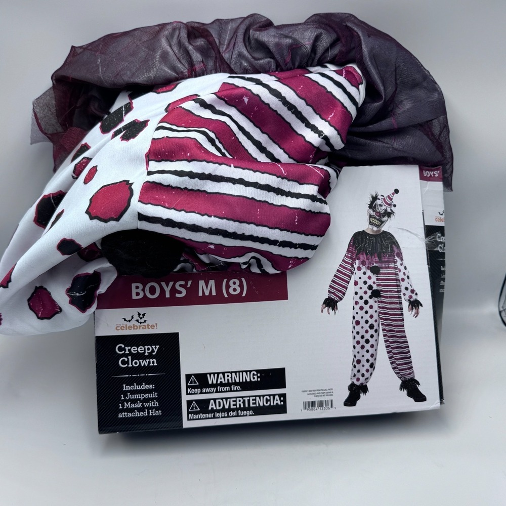 Way to Celebrate Boys Creepy Clown Halloween Costume Size M 8 Jumpsuit Mask Hat